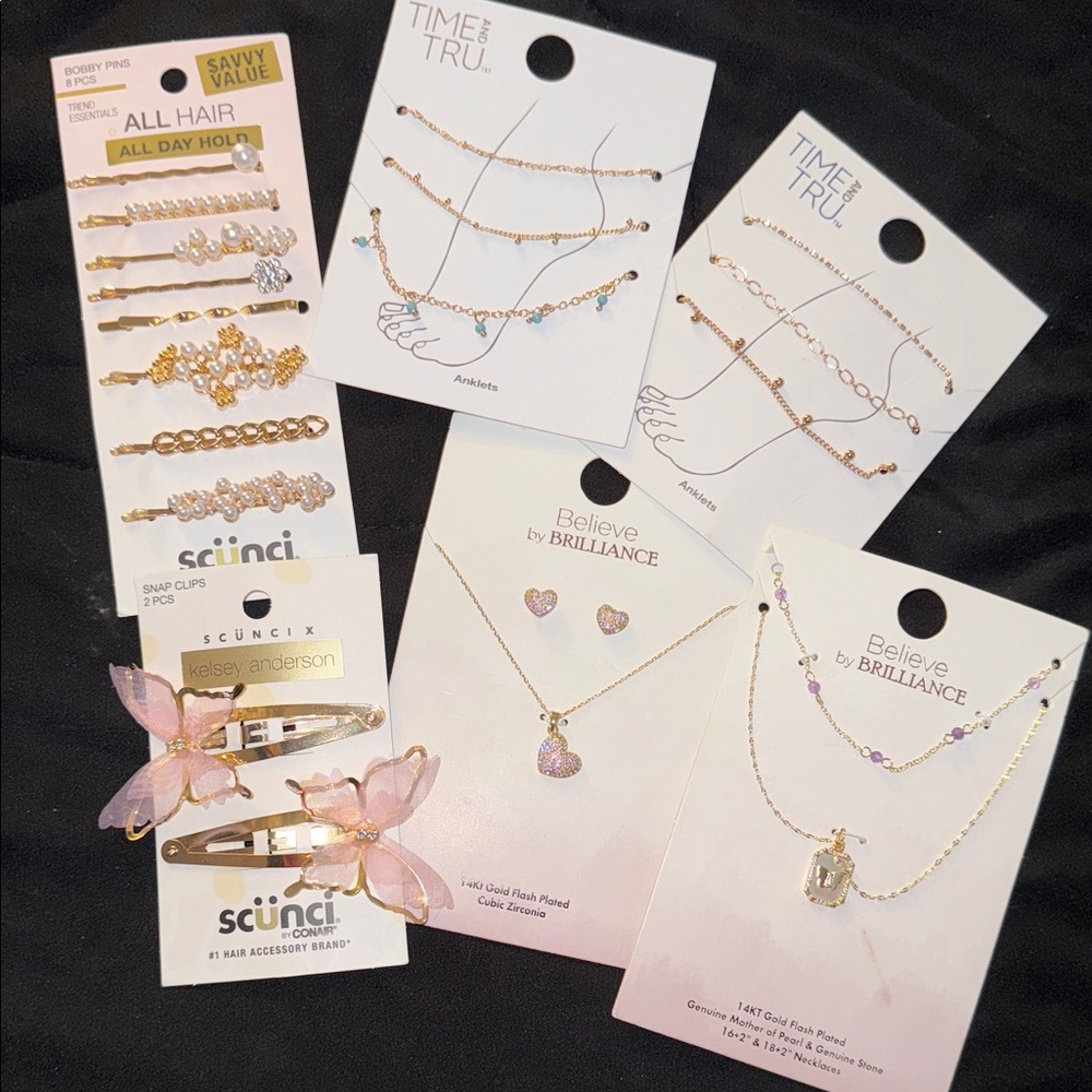 Gold and Pink Hair Accessories and Jewelry Set